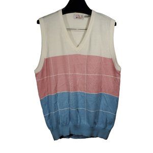 VTG 80s Bullet Golf Knit Sweater Vest Plaid Pastel Pink Blue White V-Neck
